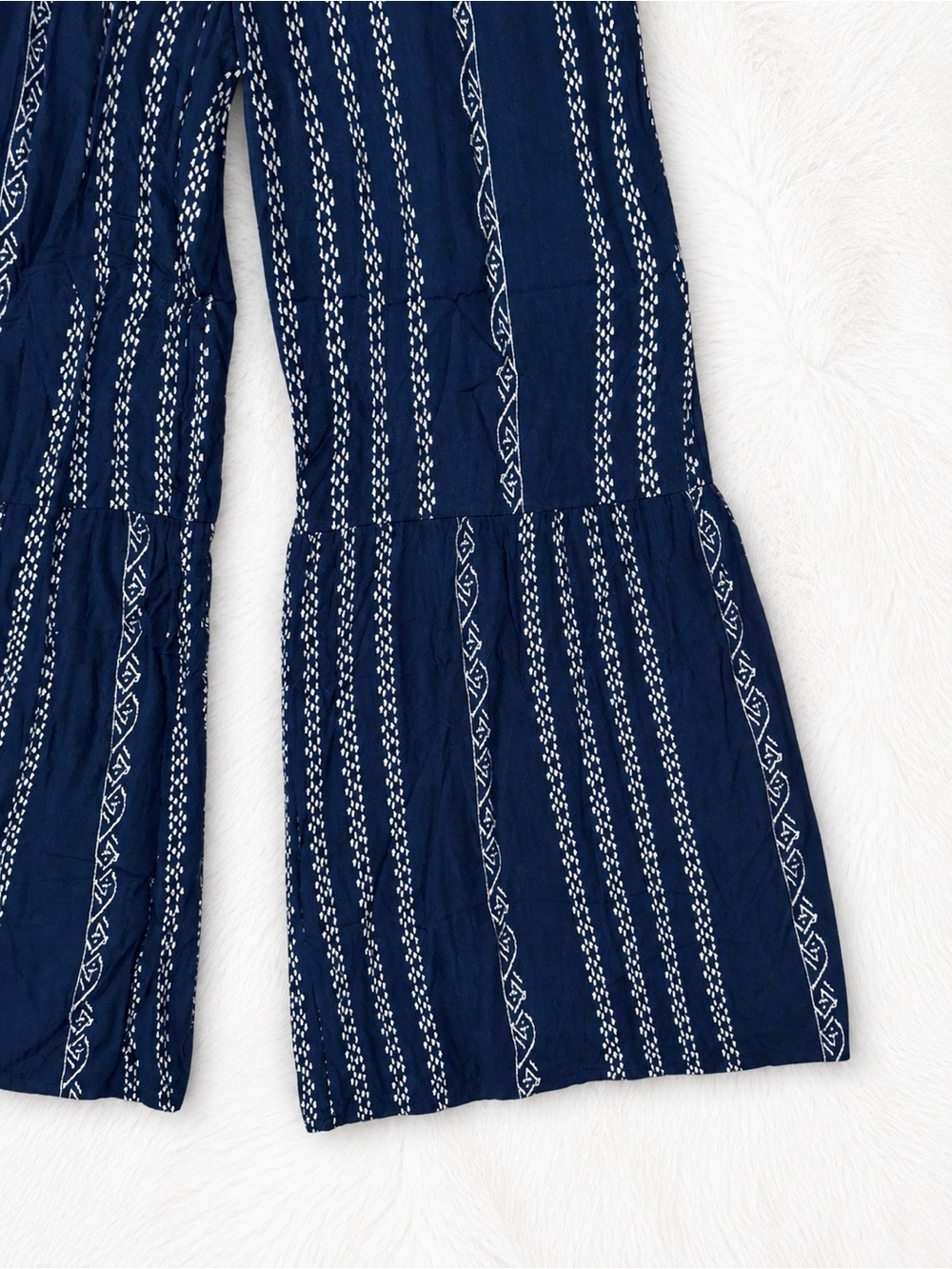 Sincerely Jules Navy Boho Wide Leg Jumpsuit Small | Smocked Tie Front Strappy - Picture 3 of 4